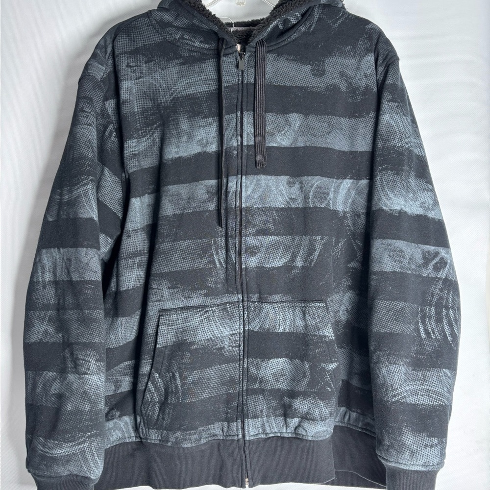 Y2K affliction style Black and Gray Zip Up Sweater with Striped Pattern